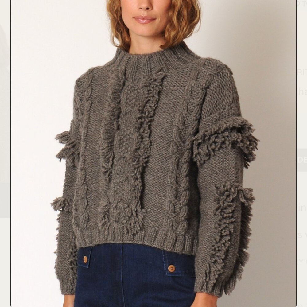 Kordal Fringe Cable Knit Sweater in Fog Gray - Size Small